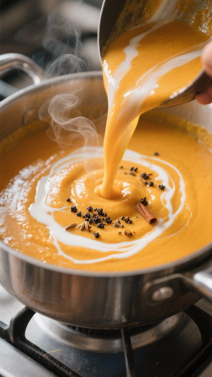 Close-up detail: Velvet-smooth butternut squash soup being poured back into the pot after blending,