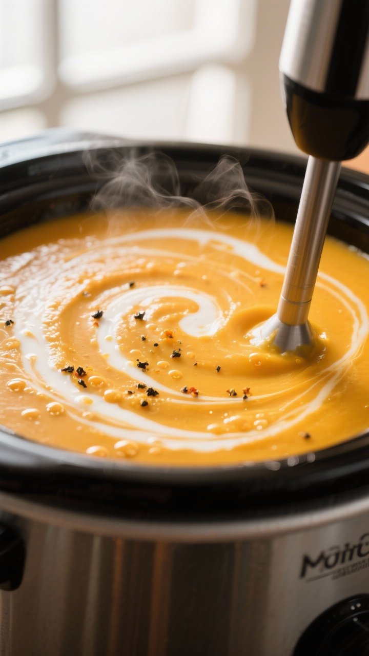Close-up detail: Velvety butternut squash soup just after blending in the slow cooker, glossy surfac