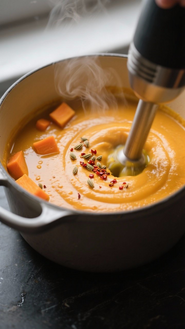 Close-up detail: Velvety butternut squash soup mid-blend in a Dutch oven, showing a silky, golden-or