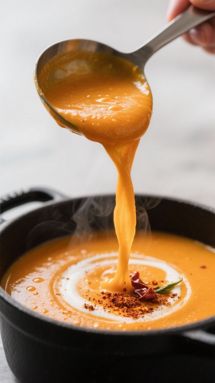 Close-up detail, velvety texture and heat: Ultra-tight shot of a ladle pouring silky blended buttern