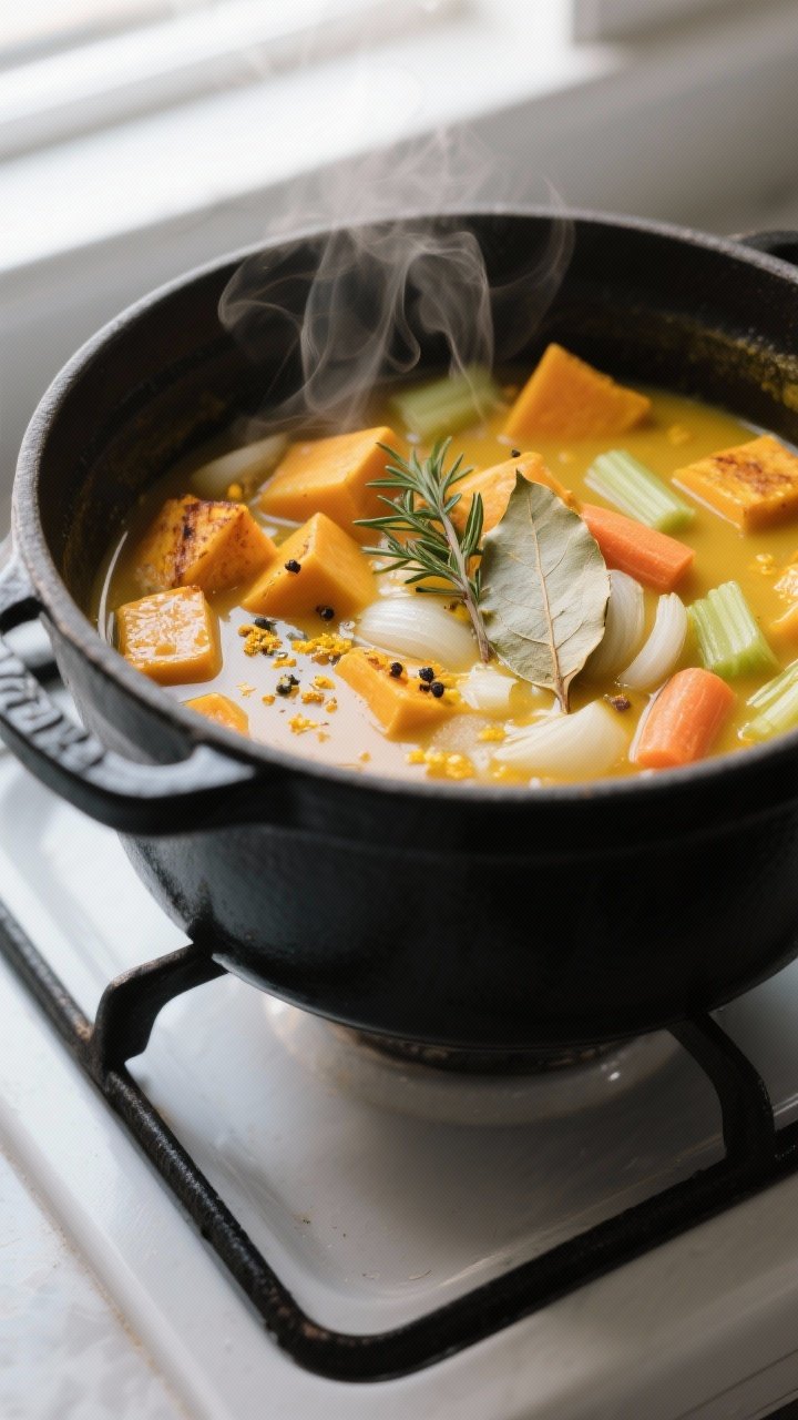 Cooking process: A simmering pot of butternut squash soup mid-cook, showing tender cubes of roasted-
