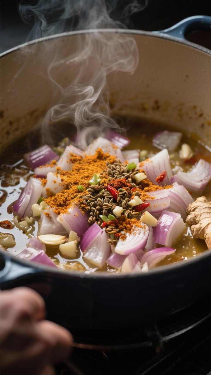 Cooking process: Aromatics and spices blooming in a Dutch oven—translucent diced onion with minced