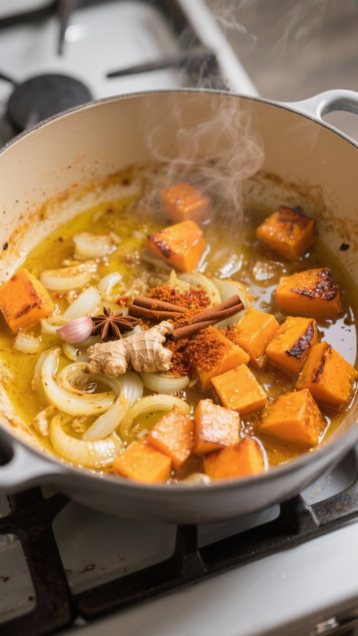 Cooking process — Blooming spices in action: A wide, close-up shot of a Dutch oven on the stove wi