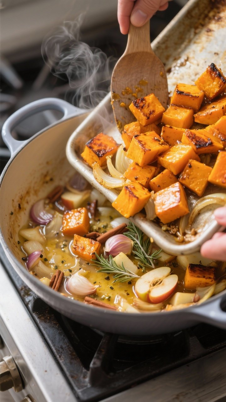Cooking process — caramelized squash meets aromatic base: Medium close-up of roasted butternut squ