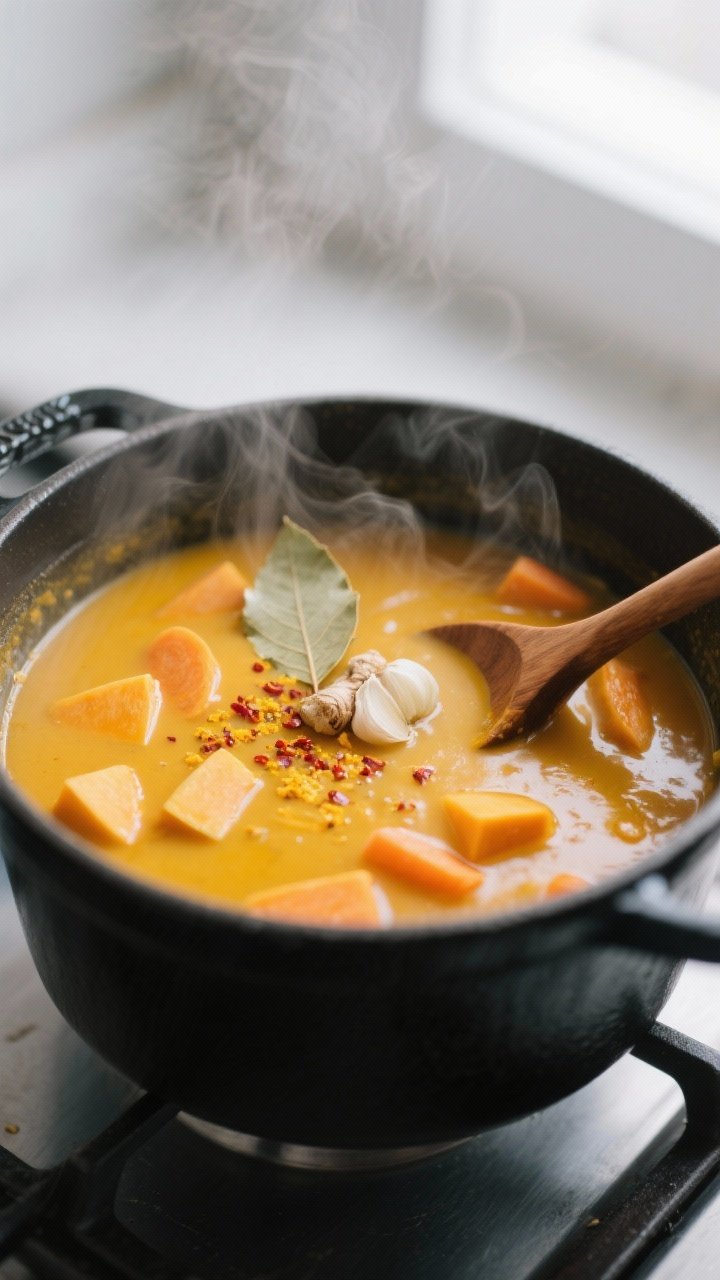 Cooking process, close-up detail: A steamy, golden-orange butternut squash soup simmering in a matte