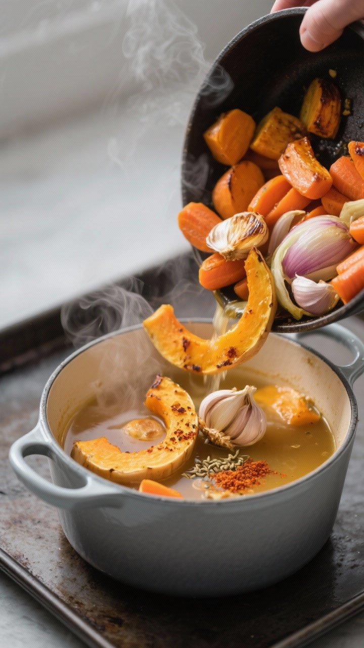 Cooking process close-up: Roasted butternut squash, carrots, and onion just out of the oven being po