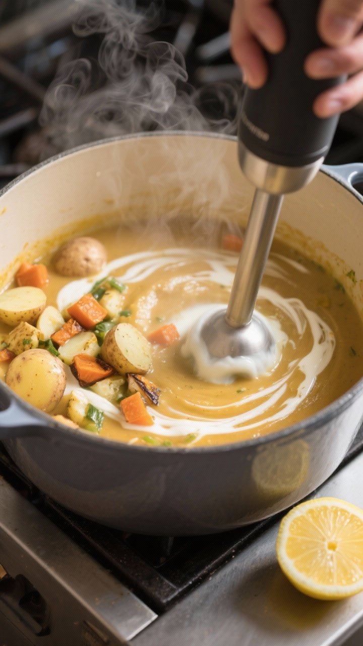 Cooking process: Immersion blender finishing the soup directly in a Dutch oven, showing the transfor