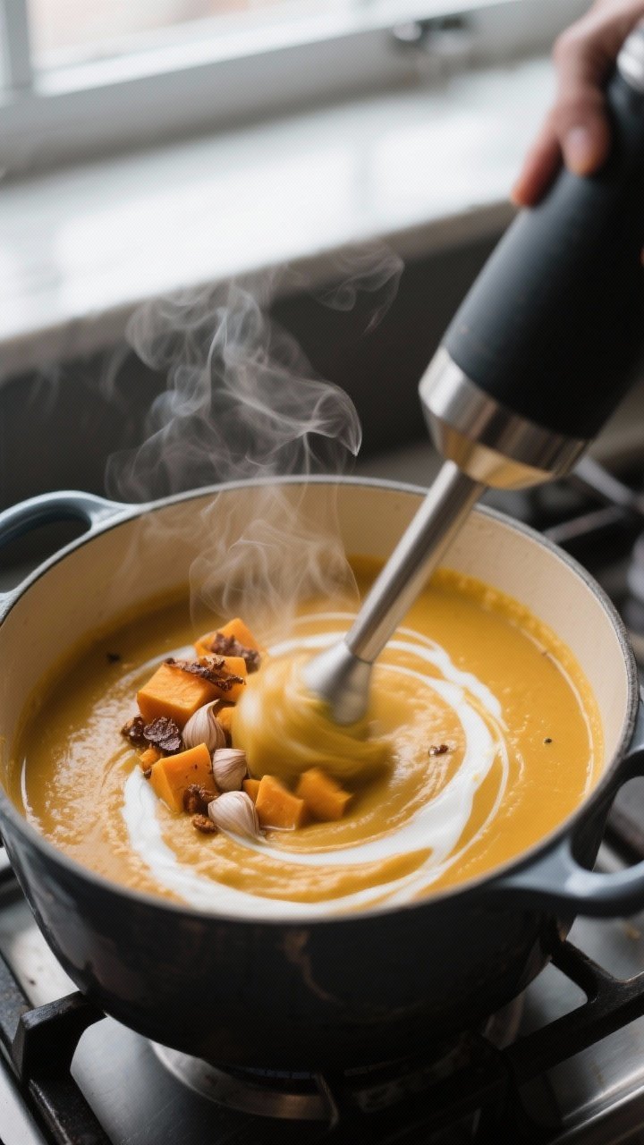 Cooking process: Immersion blender swirling through a pot of roasted garlic butternut squash soup, m