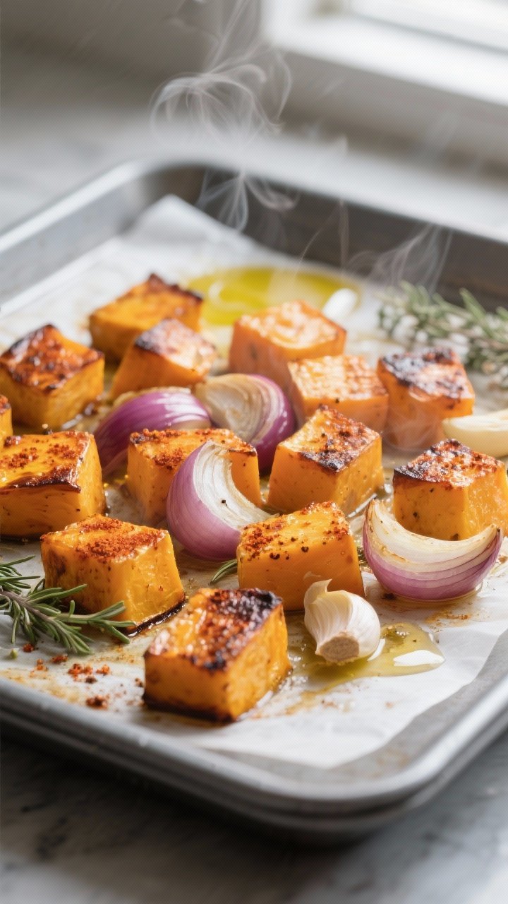 Cooking process, sheet-pan caramelization: Close-up of roasted butternut squash cubes, sweet onion p