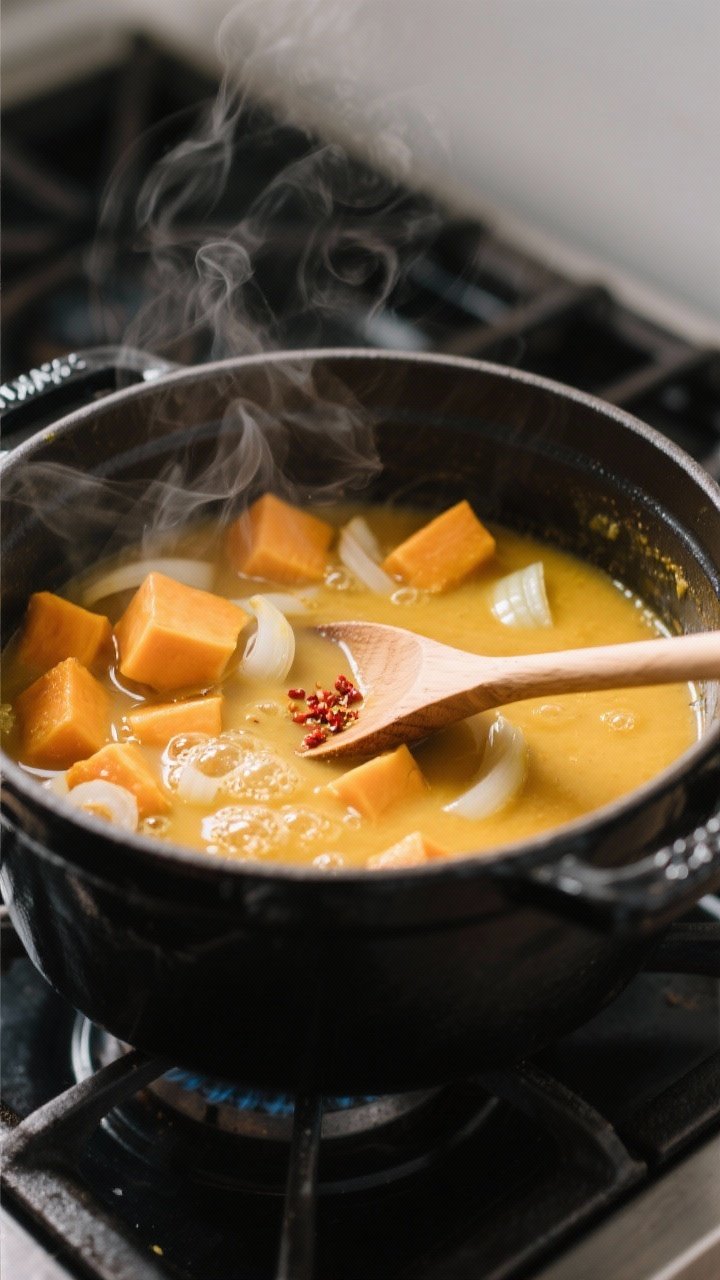 Cooking process shot: Butternut squash soup simmering in a matte black Dutch oven on a stovetop, squ