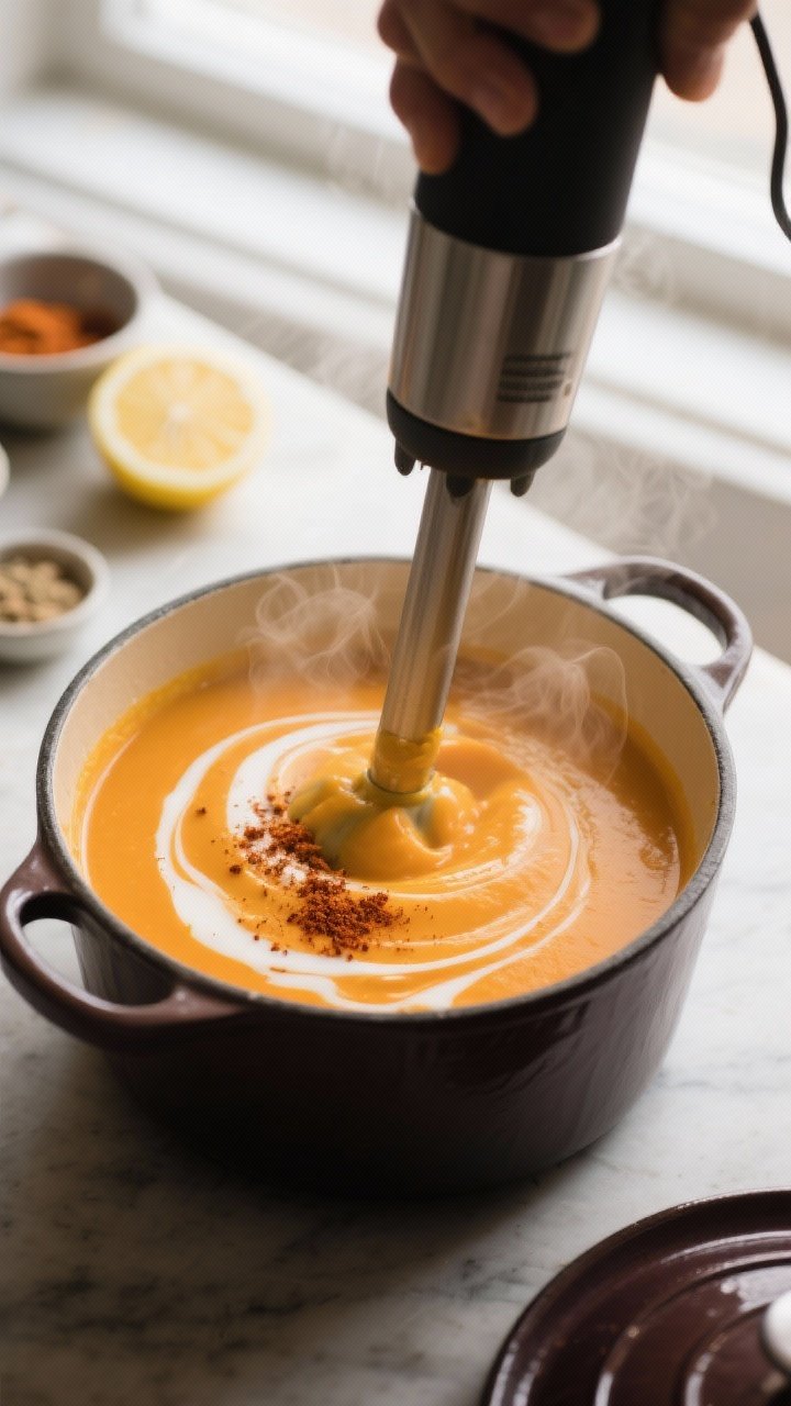 Cooking process: Steam-kissed pot scene of silky butternut squash soup being blended smooth with an 