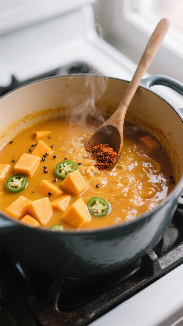 Cooking process, stovetop action: Butternut squash soup simmering in a wide Dutch oven, ingredients 