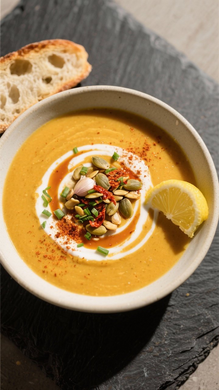 Final dish overhead: Restaurant-quality bowl of velvety roasted garlic butternut squash soup, topped