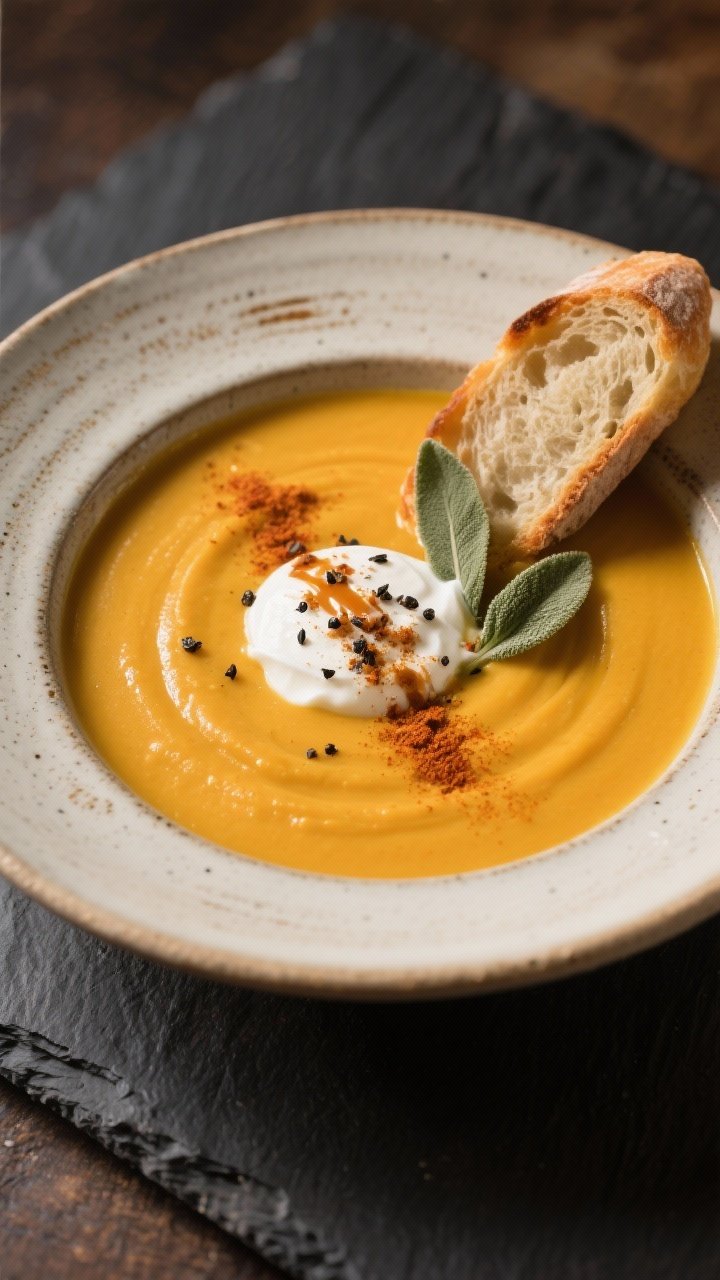 Final dish presentation: Hero shot of ultra-smooth butternut squash soup plated in a shallow stonewa
