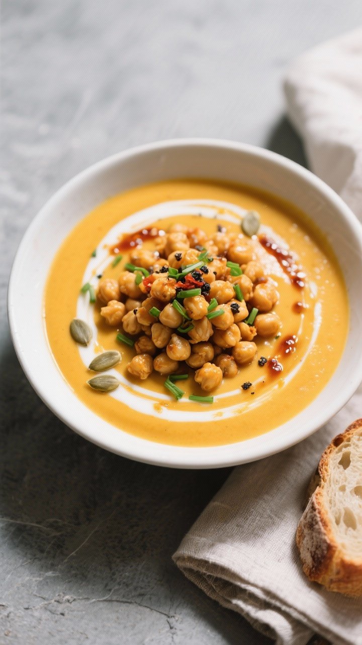 Final dish presentation: Overhead hero shot of a restaurant-quality bowl of butternut squash soup to