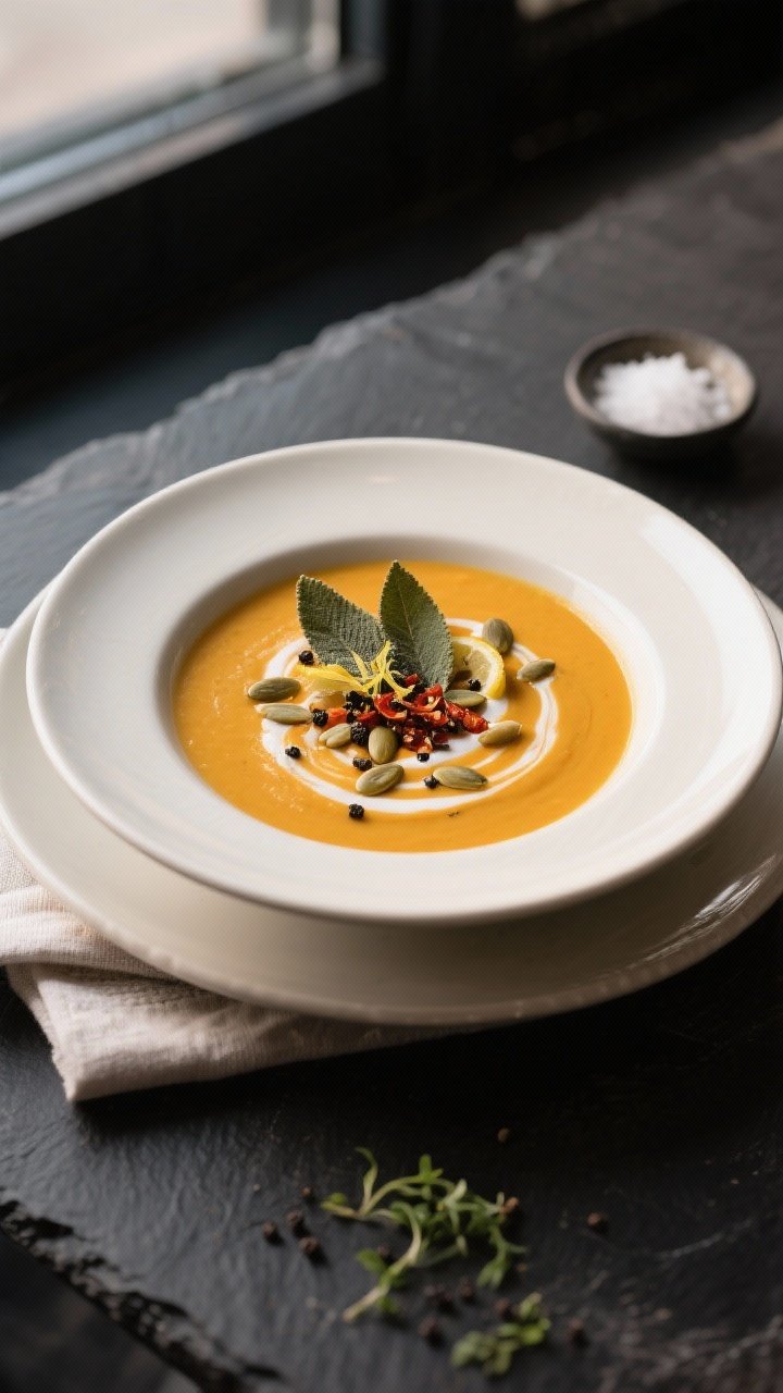 Final dish presentation: Restaurant-quality bowl of butternut squash soup finished with a precise co