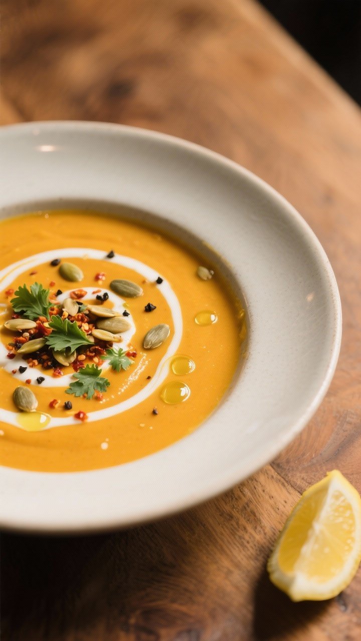 Final dish presentation: Restaurant-quality bowl of vegan butternut squash soup plated ultra-smooth