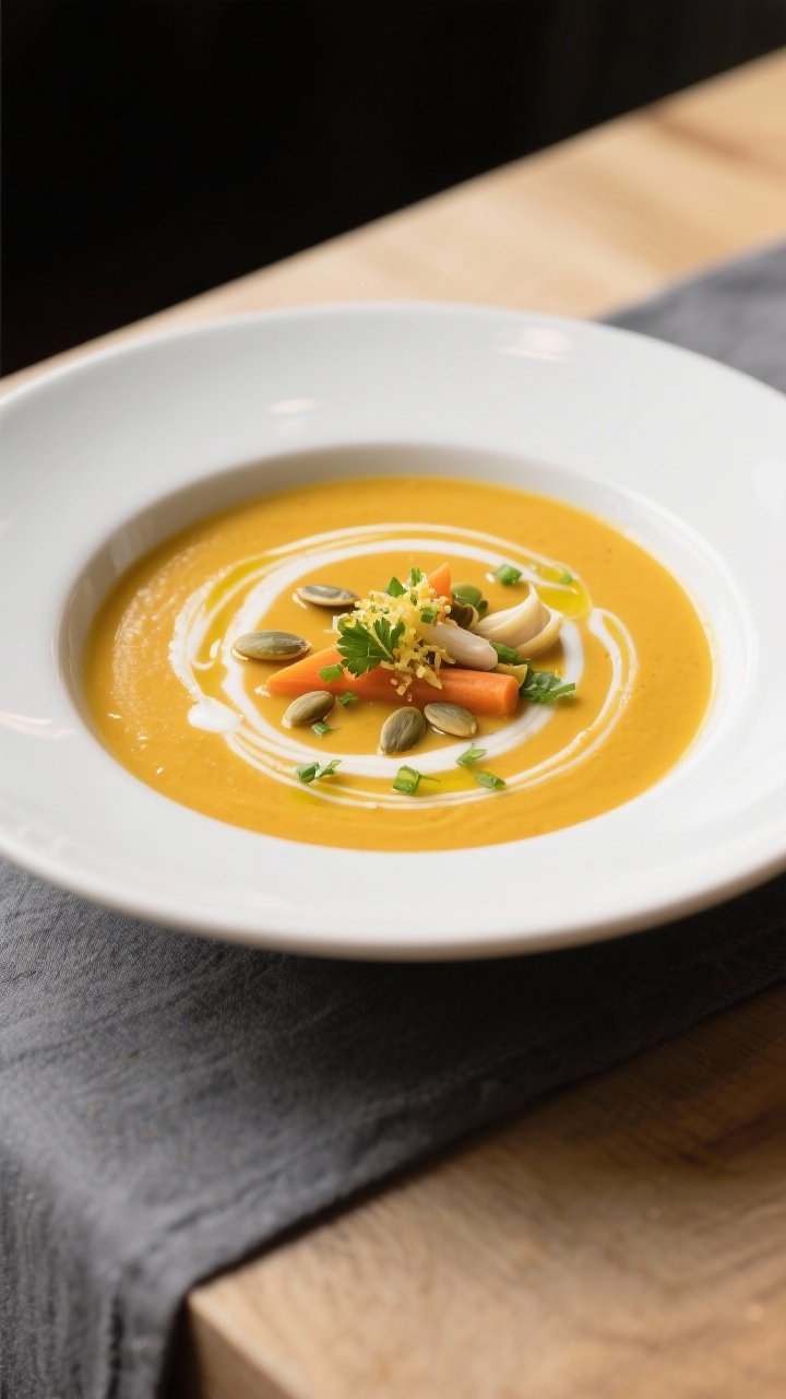 Final dish presentation: Restaurant-quality bowl of creamy butternut squash, carrot, and garlic soup