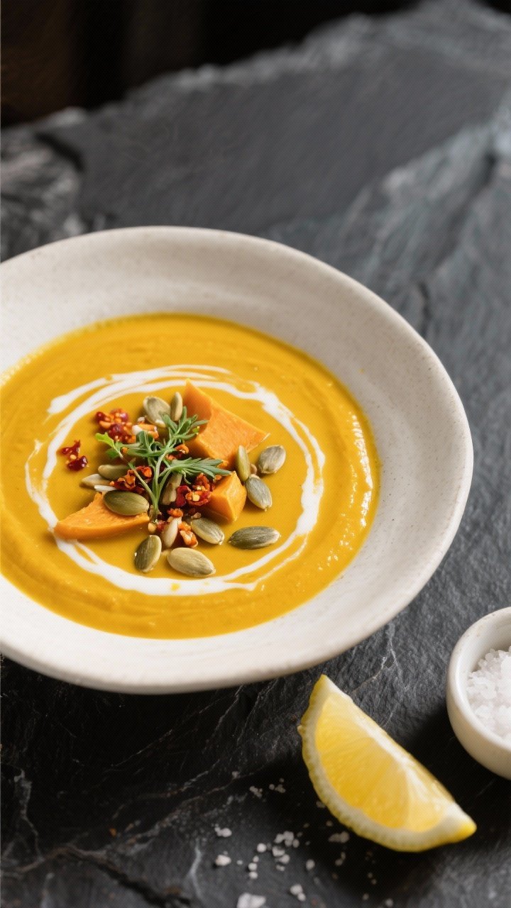 Final dish presentation: Restaurant-quality bowl of dairy-free creamy butternut squash soup, deep go