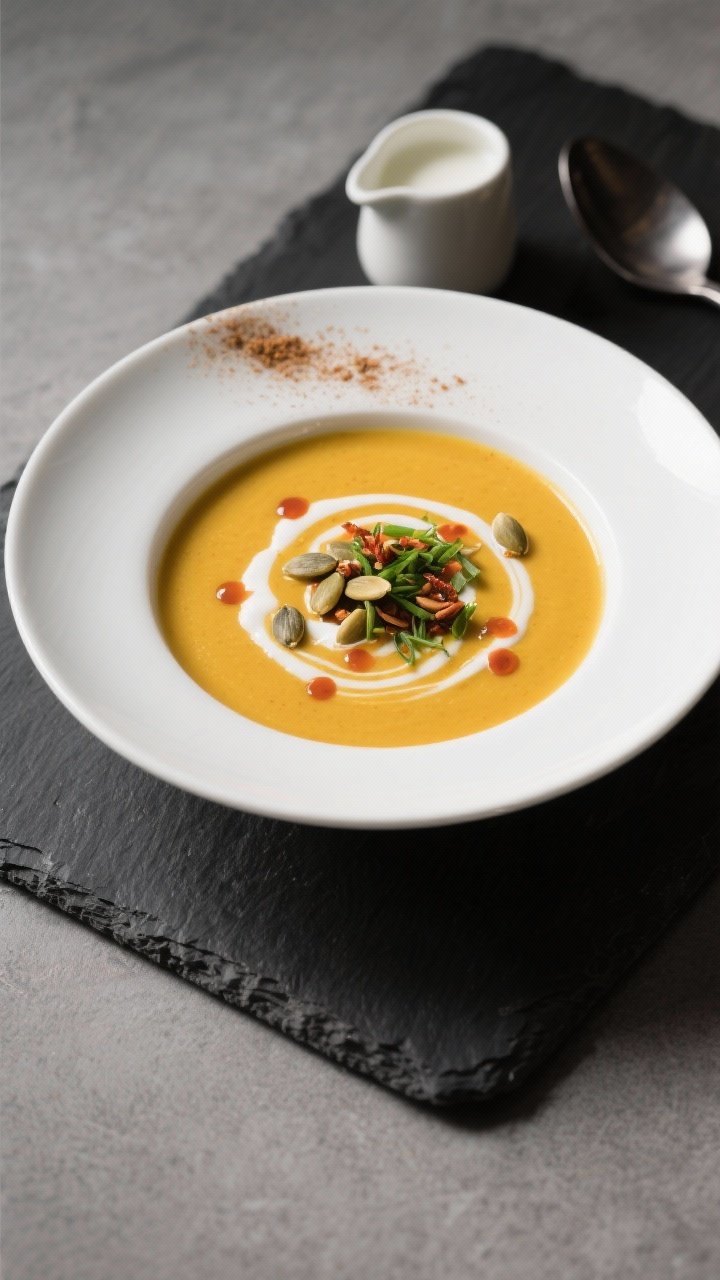 Final dish presentation: Restaurant-quality bowl of butternut squash soup plated on a matte white sh