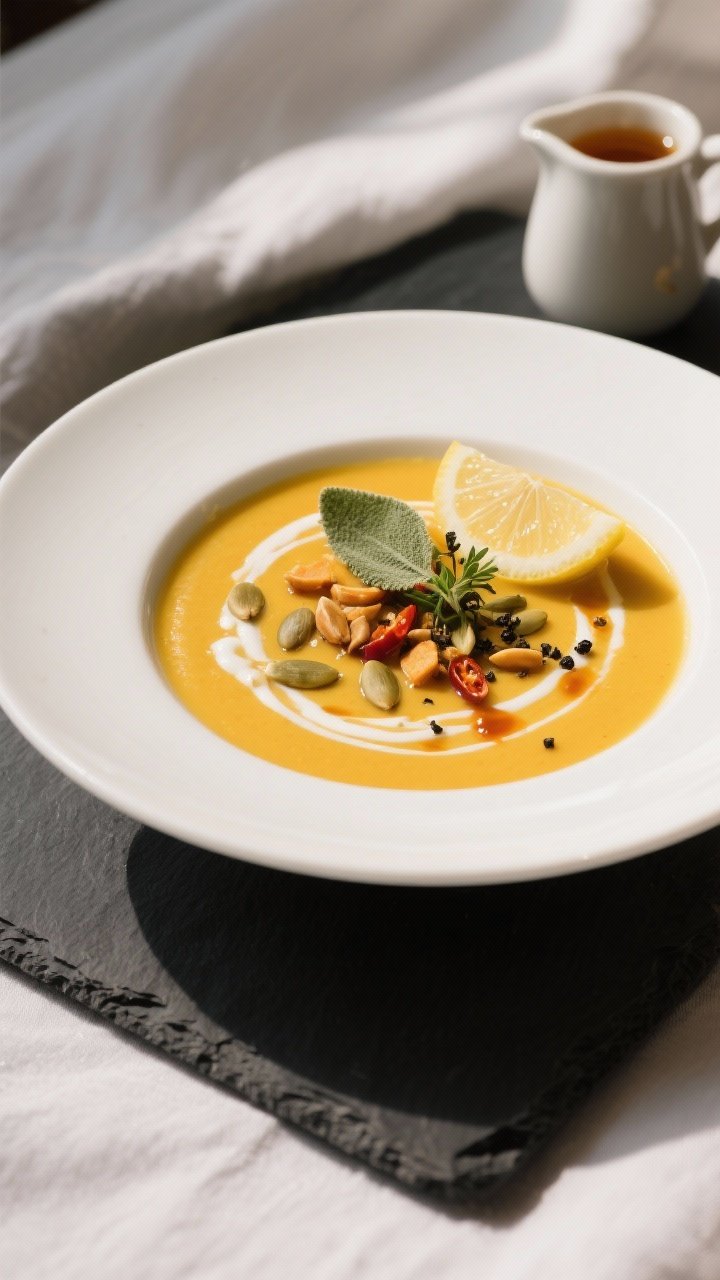 Final dish presentation: Restaurant-quality bowl of butternut squash–apple soup plated in a wide w