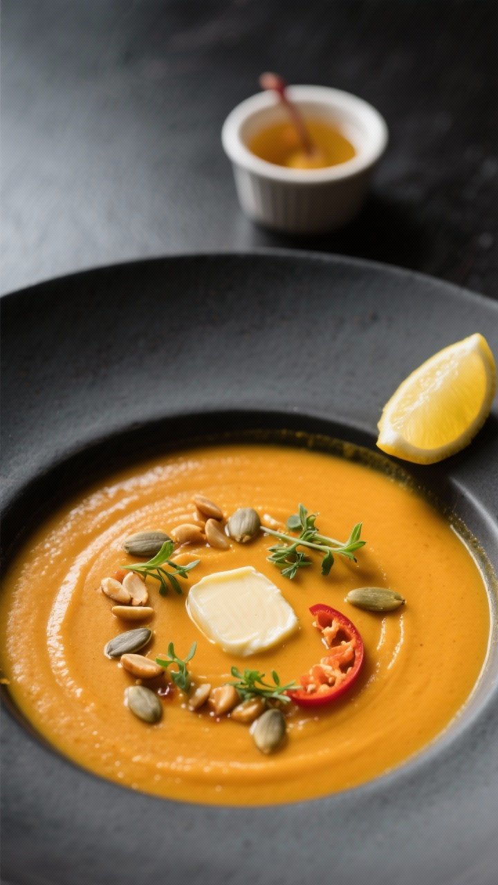 Final dish presentation: Restaurant-quality bowl of butternut squash soup plated on a matte charcoal