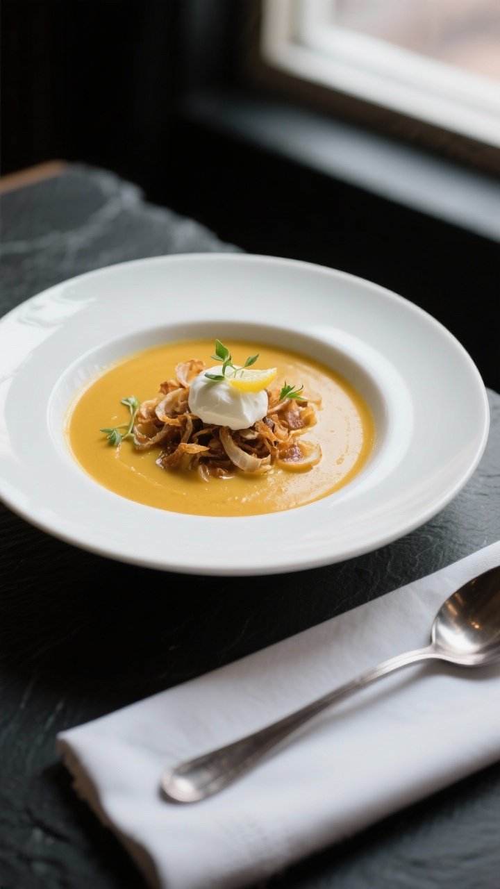 Final dish presentation: Restaurant-quality plating of the soup poured ultra-smooth into a wide, sha