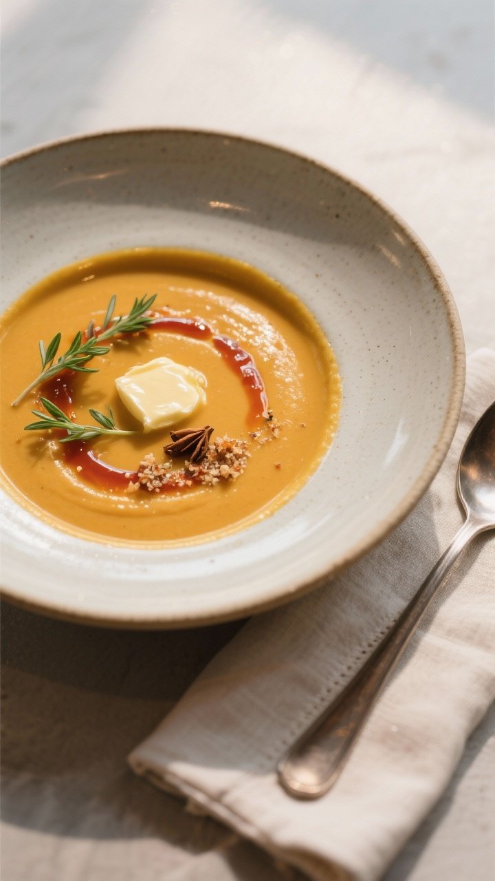 Final dish presentation: Restaurant-quality plating of butternut squash soup with coconut milk finis