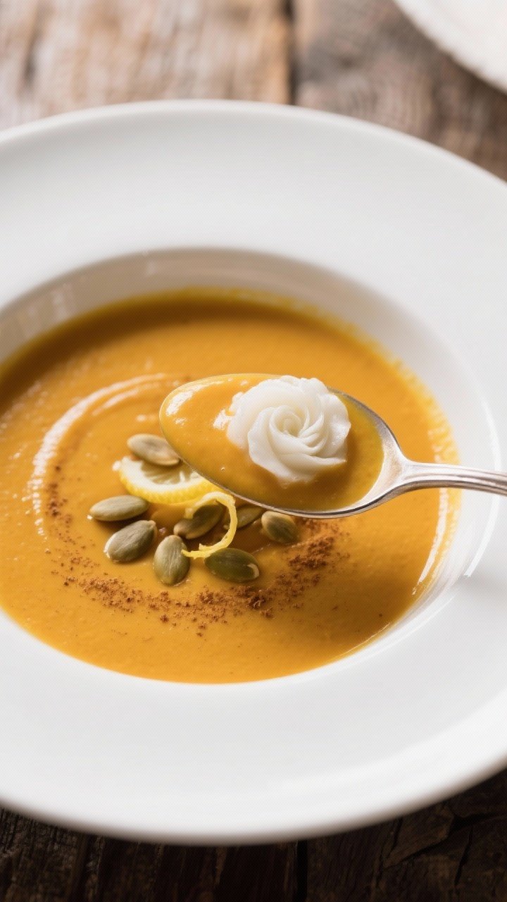 Final dish — restaurant-quality presentation: Close-up detail of a ladled bowl of butternut squash