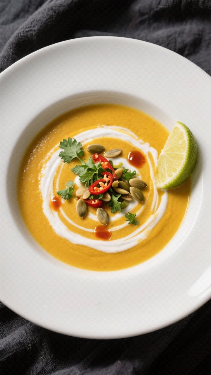 Final dish, tasty top view: Overhead shot of a velvety golden butternut squash soup swirled with coc