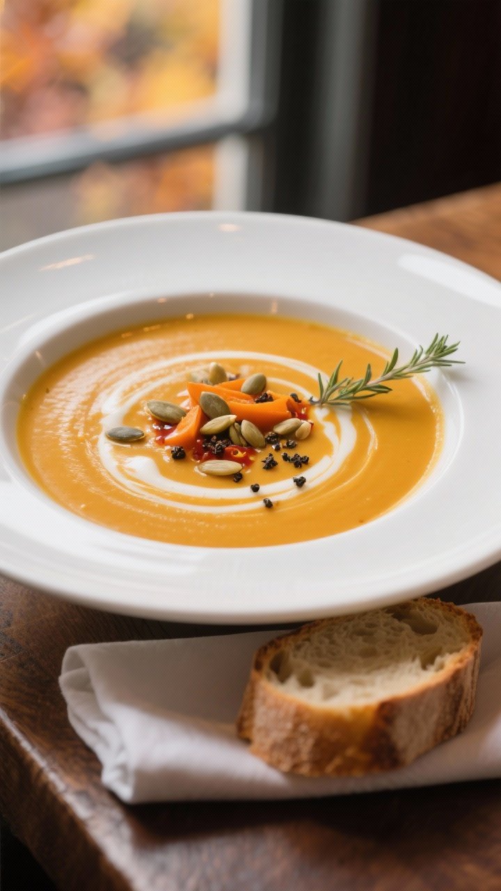 Final plated beauty shot: Silky butternut squash–carrot–garlic soup ladled into a wide, shallow 