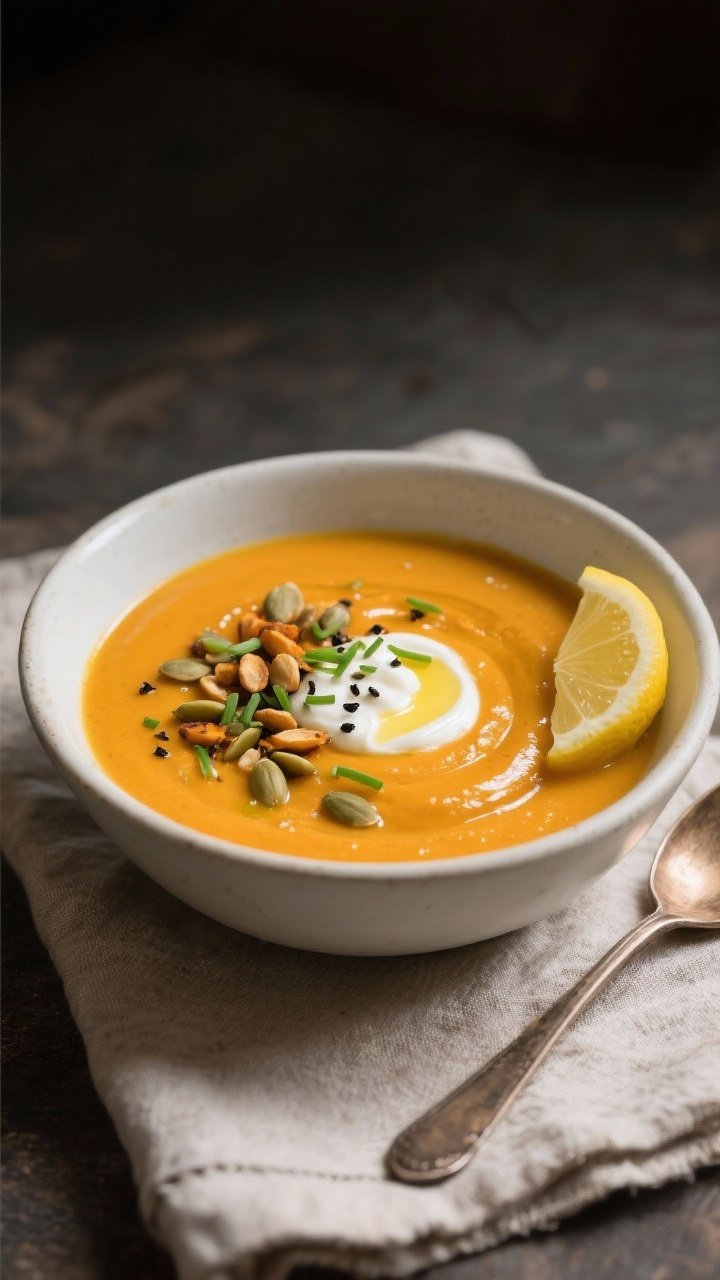 Final plated bowl, cozy garnishes: Beautifully plated roasted butternut squash soup in a matte white