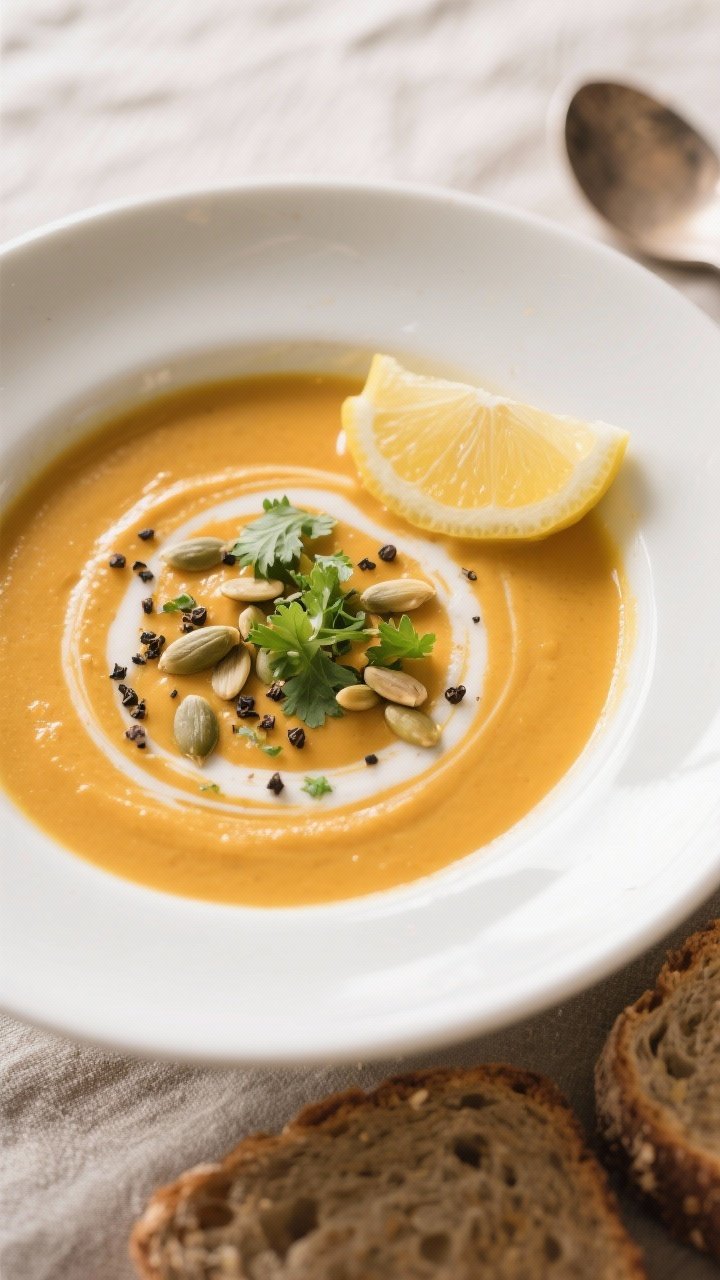 Final plated bowl, intimate close-up: Ultra-silky butternut squash soup ladled into a wide white cer