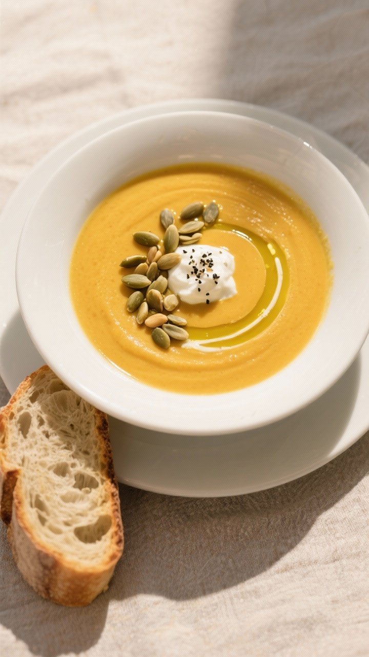 Final plated, top-down: Overhead shot of a bowl of butternut squash soup plated restaurant-style—s
