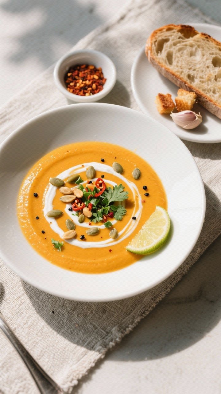 Final plated, top view: Overhead shot of a restaurant-quality bowl of Butternut Squash Soup with a K