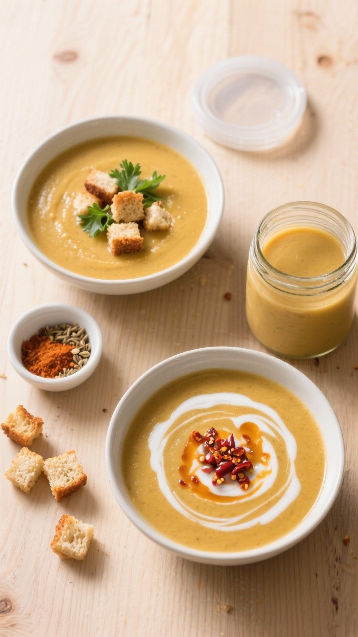 Tasty top-down, meal-prep vibe: Overhead shot of two bowls and one storage jar of finished soup show
