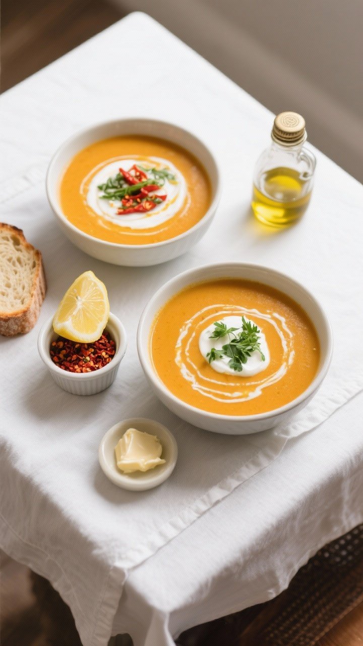 Tasty top-down variety: Overhead shot of a small tablescape with two bowls of the finished soup—on