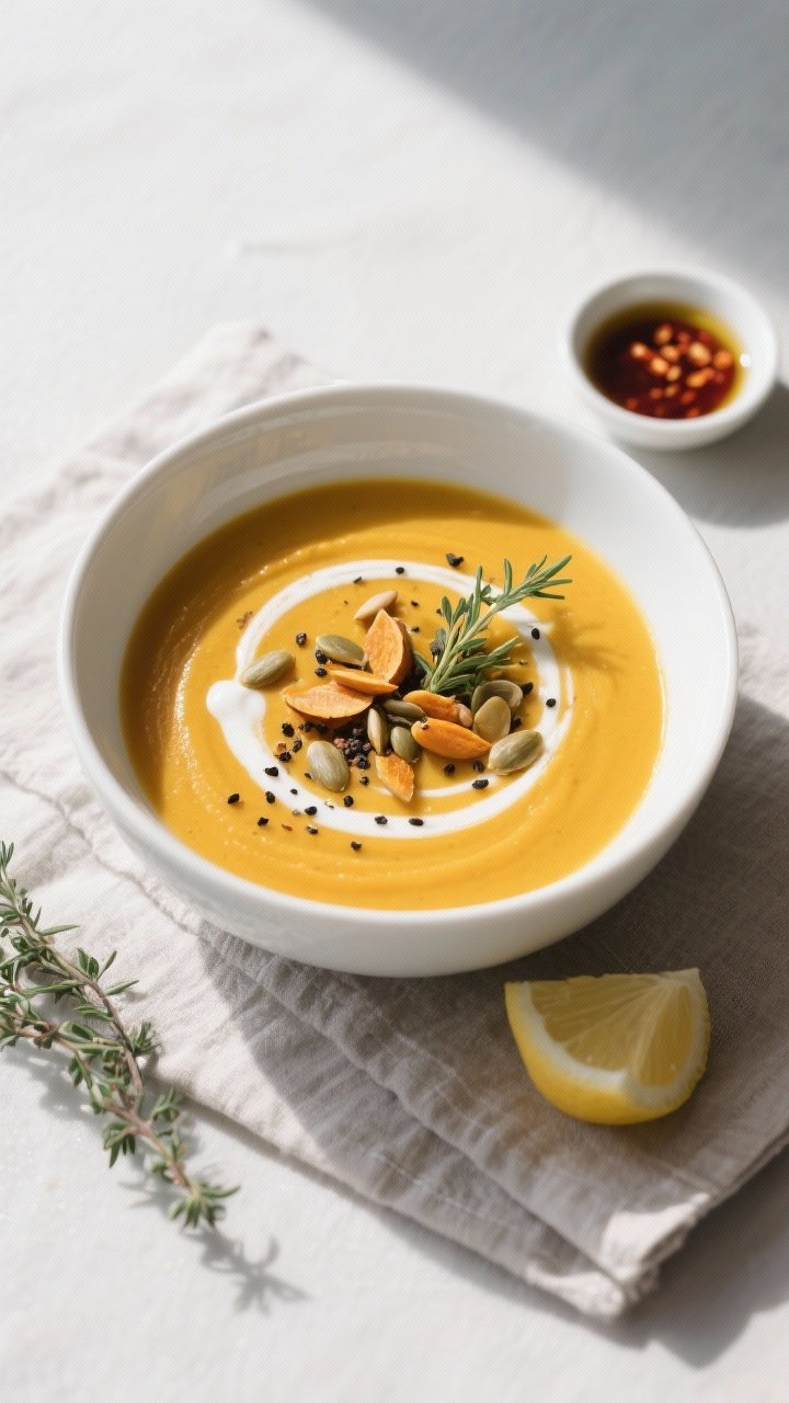 Tasty top view (final dish): Overhead shot of a beautifully plated bowl of butternut squash soup—d