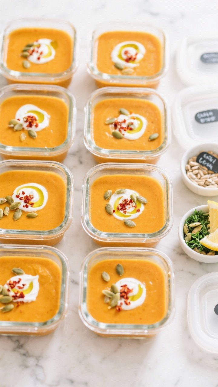 Tasty top view, meal-prep vibe: Overhead shot of multiple portions of finished butternut squash soup