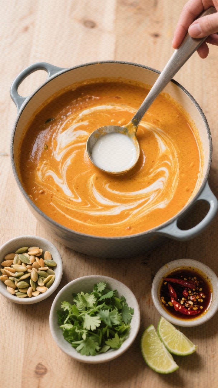 Tasty top view — Overhead ladle-and-serve moment: Top-down shot of a large pot of the finished sou