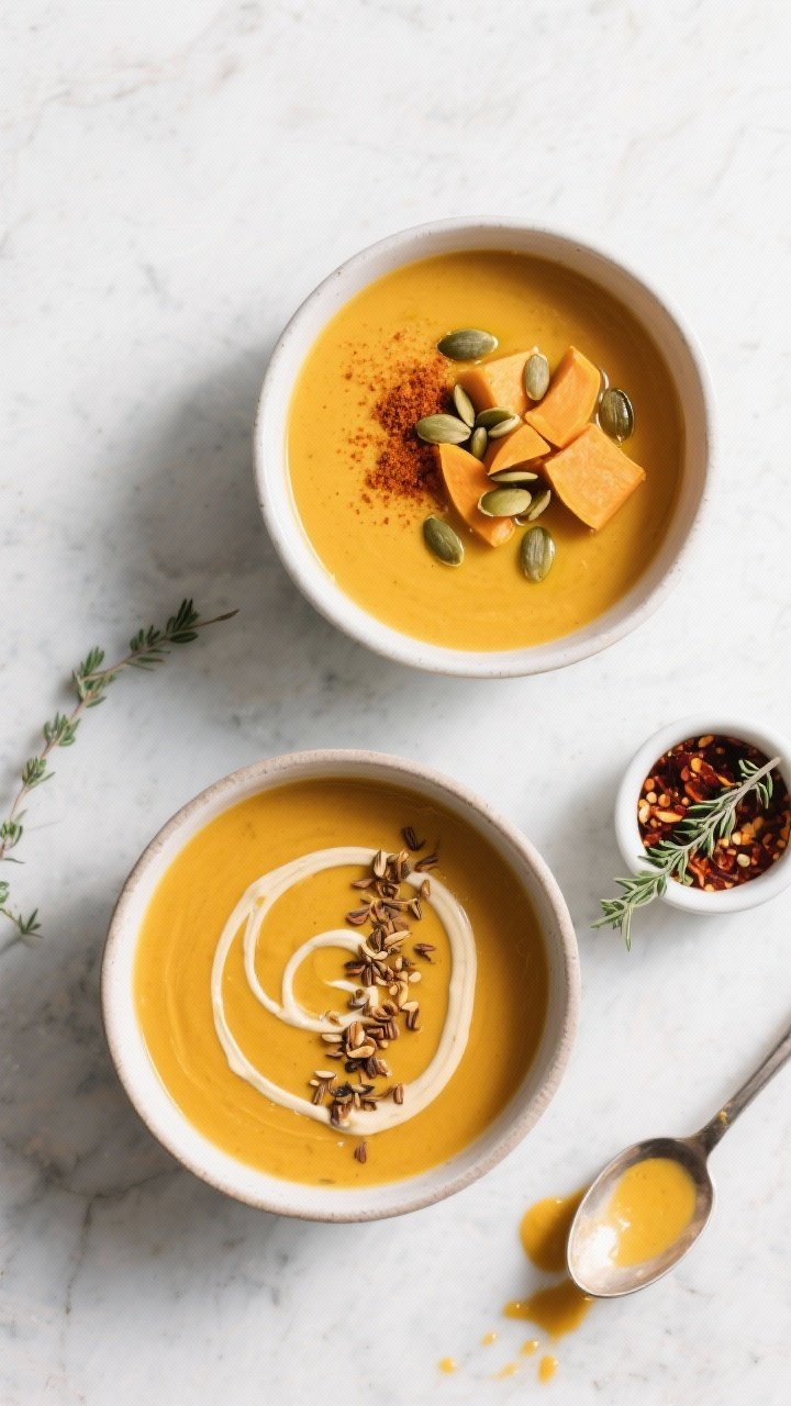 Tasty top view (overhead): Overhead shot of two bowls of butternut squash soup with contrasting garn