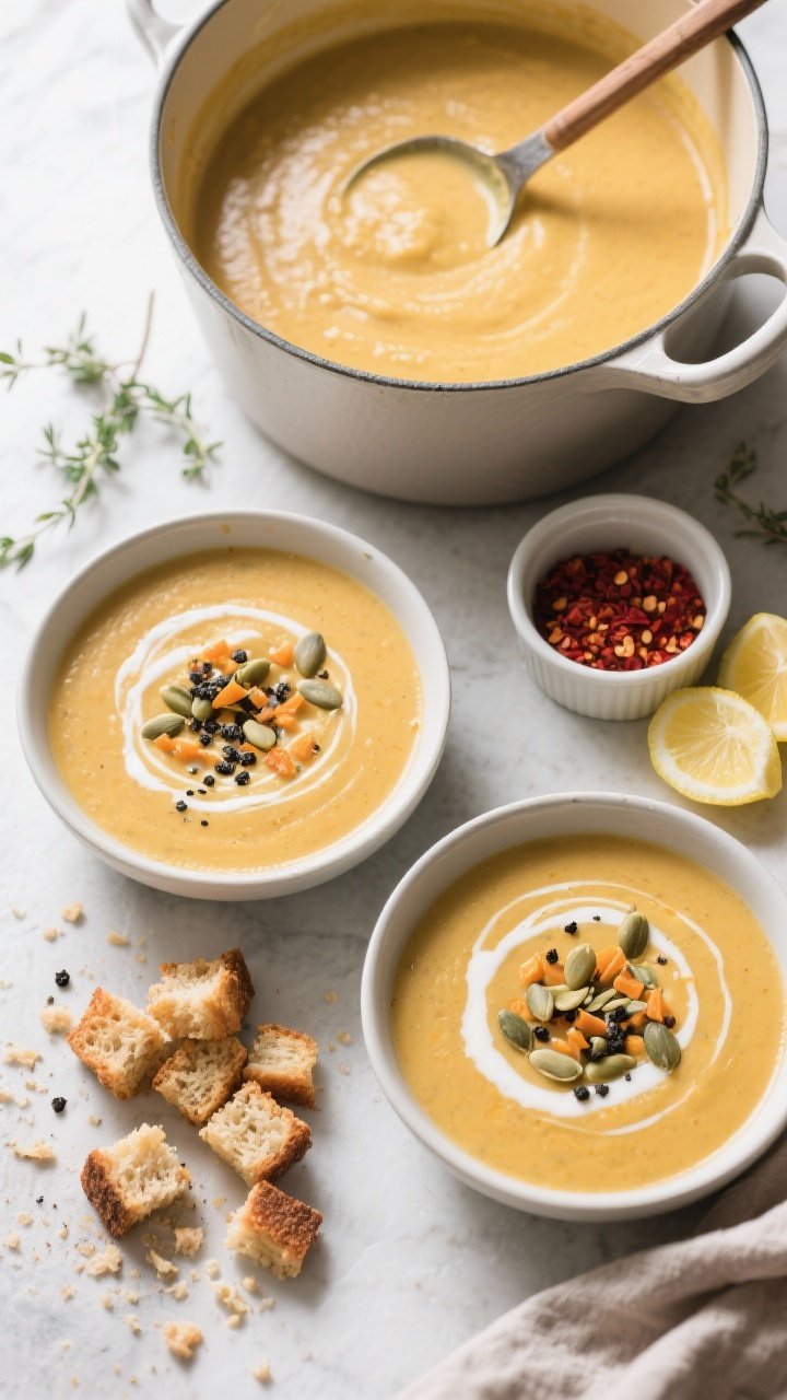 Tasty top view: Overhead shot of a cozy weeknight spread—two bowls of the finished soup with garni