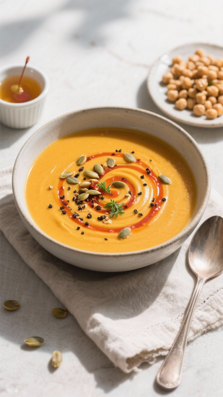 Tasty top view: Overhead shot of a deep bowl of High Protein Butternut Squash Soup finished and serv