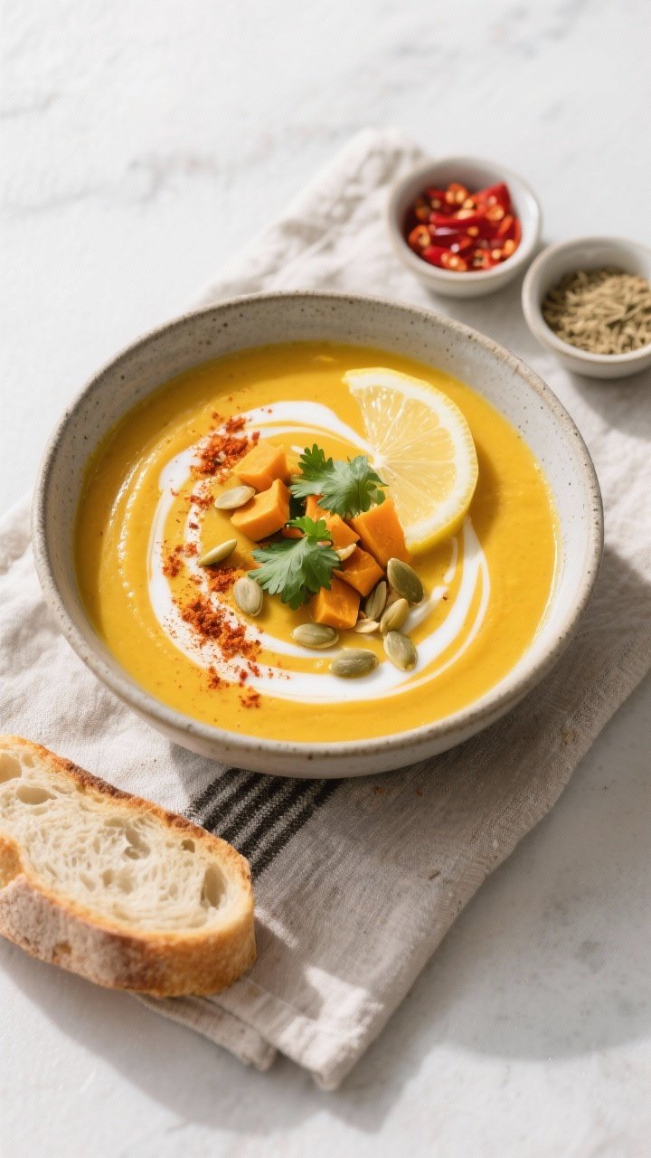Tasty top view: Overhead shot of a finished bowl of Spiced Butternut Squash Soup, vibrant golden sur