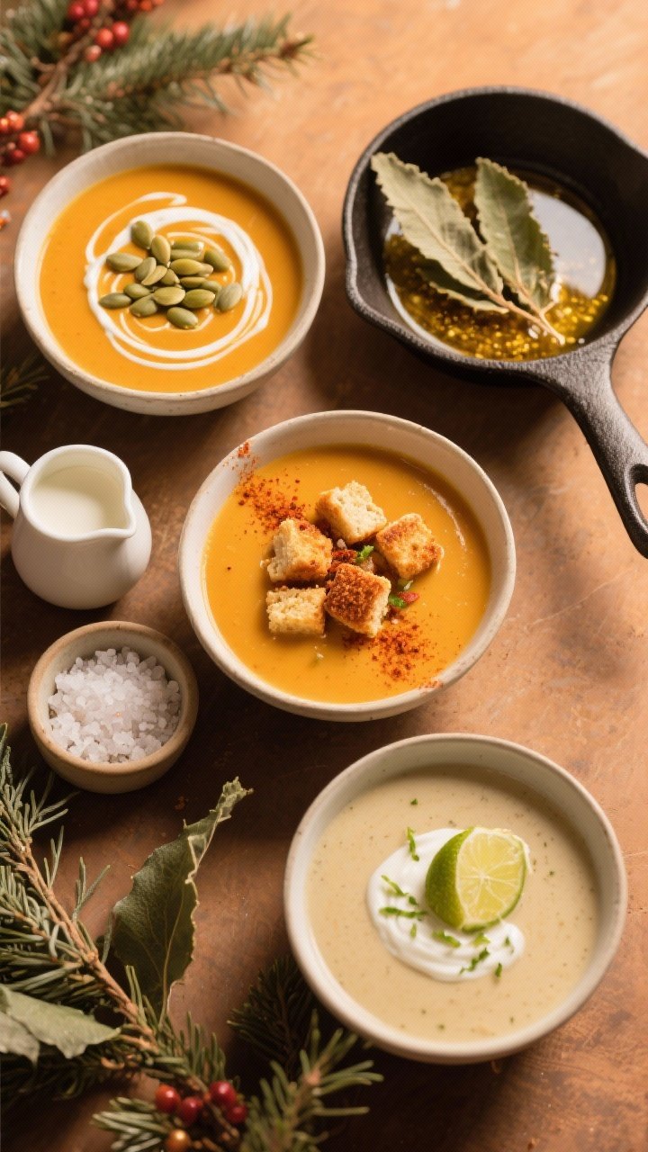 Tasty top view: Overhead shot of a holiday-ready soup spread—three bowls of the finished soup with
