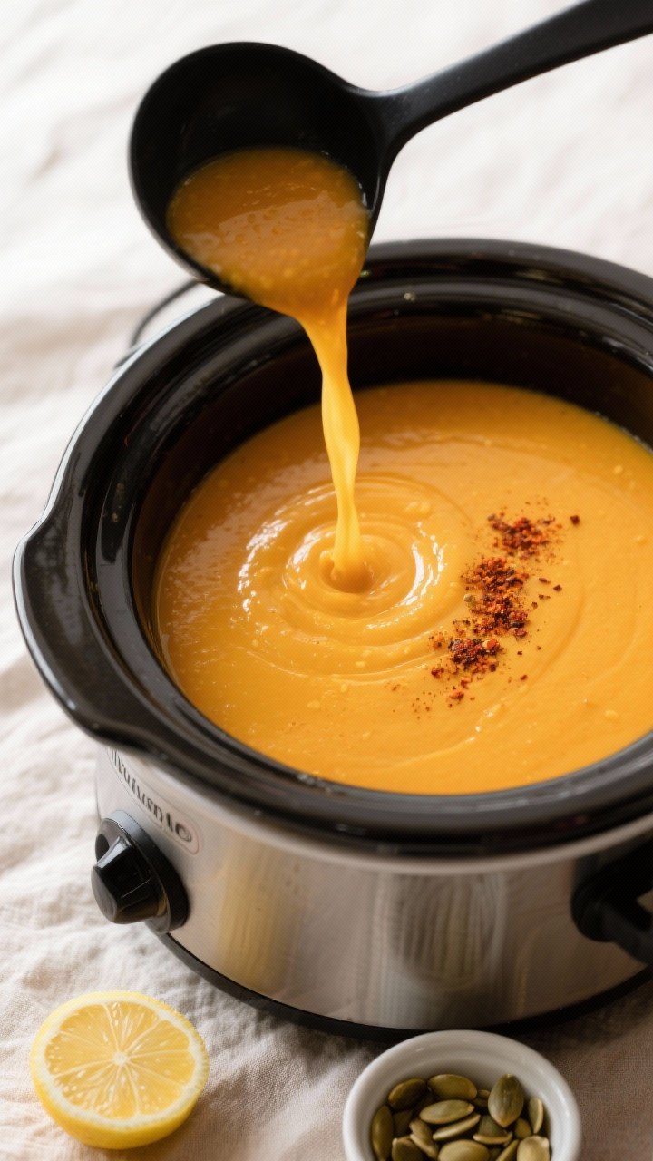 Tasty top view: Overhead shot of a ladle hovering above the slow cooker, pouring the finished butter