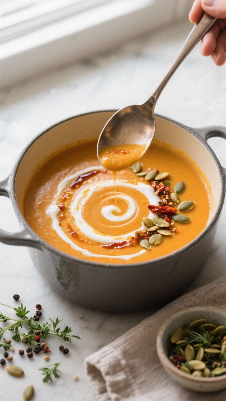 Tasty top view: Overhead shot of a ladle hovering above a Dutch oven filled with finished soup, ultr