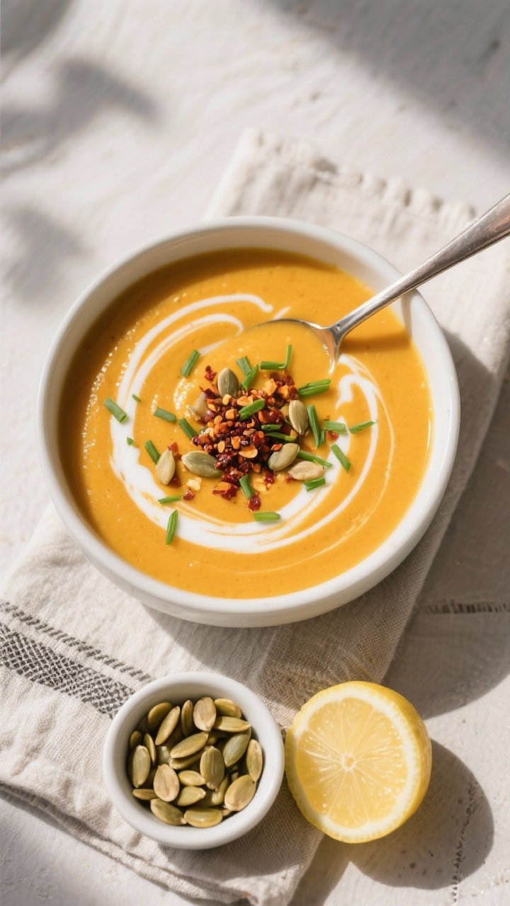 Tasty top view: Overhead shot of a ladled bowl of butternut squash soup finished with a coconut milk