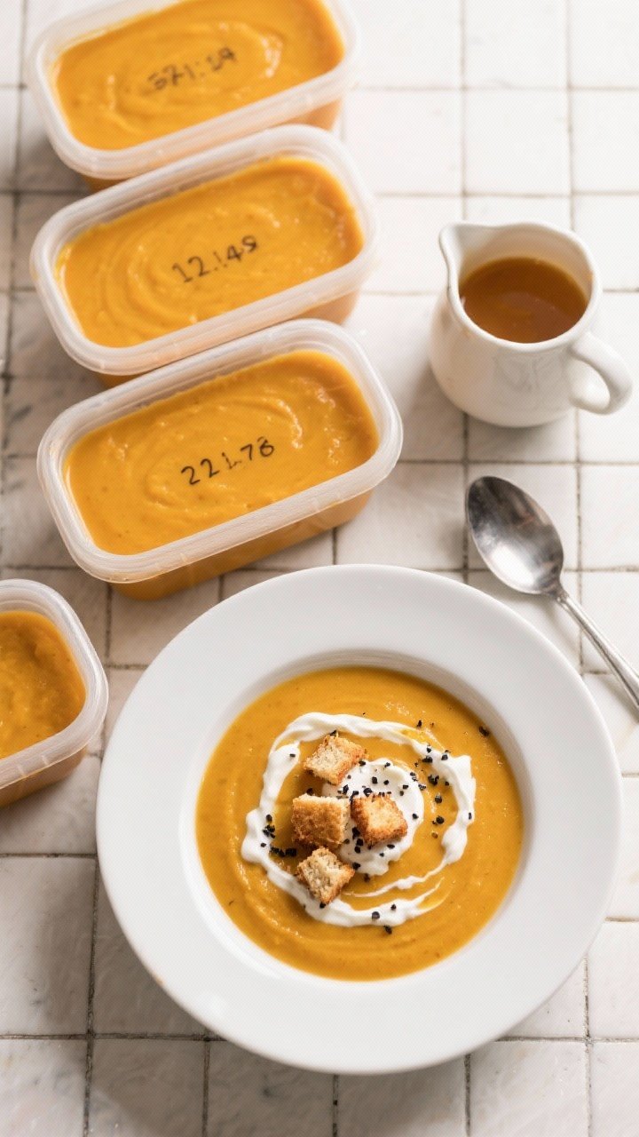 Tasty top view: Overhead shot of a meal-prep spread—four freezer-friendly containers filled with b