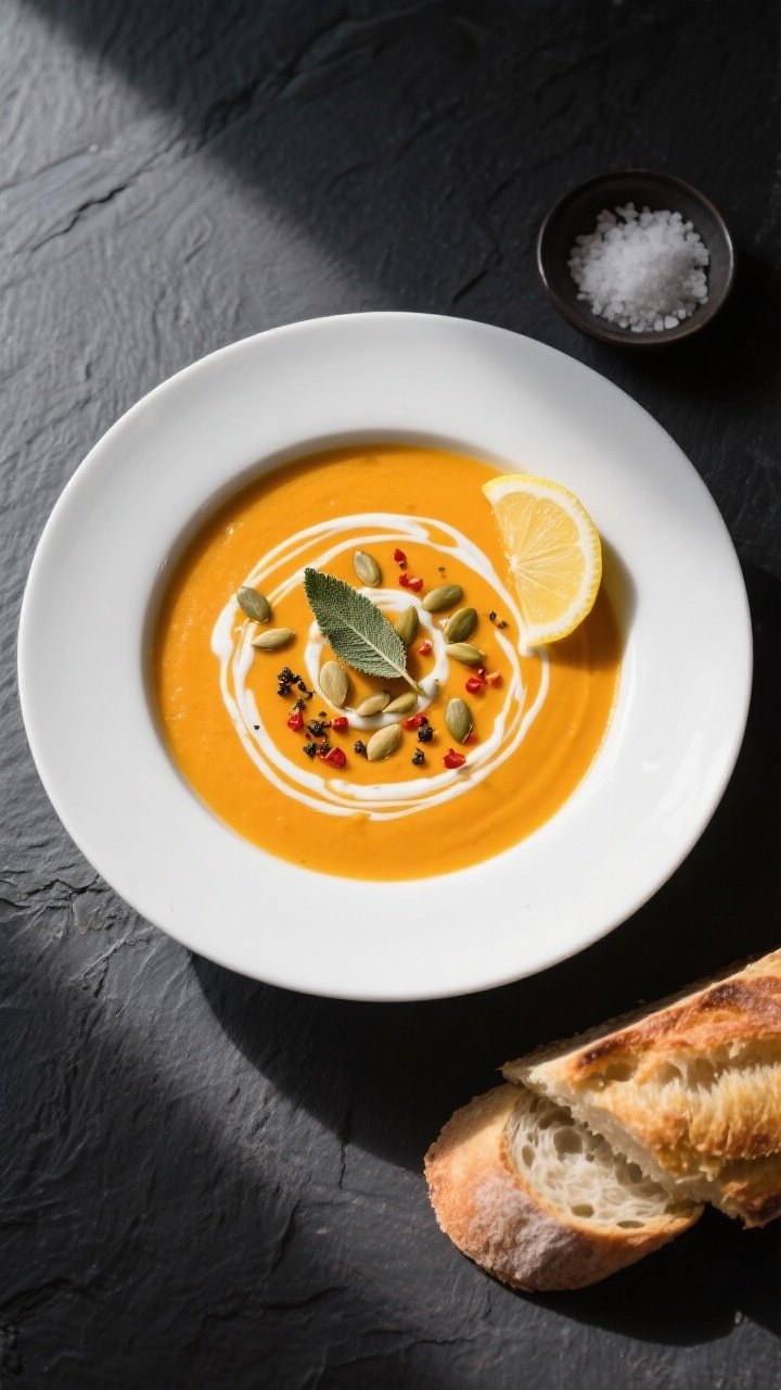 Tasty top view: Overhead shot of finished butternut squash soup in a matte white bowl on a dark slat
